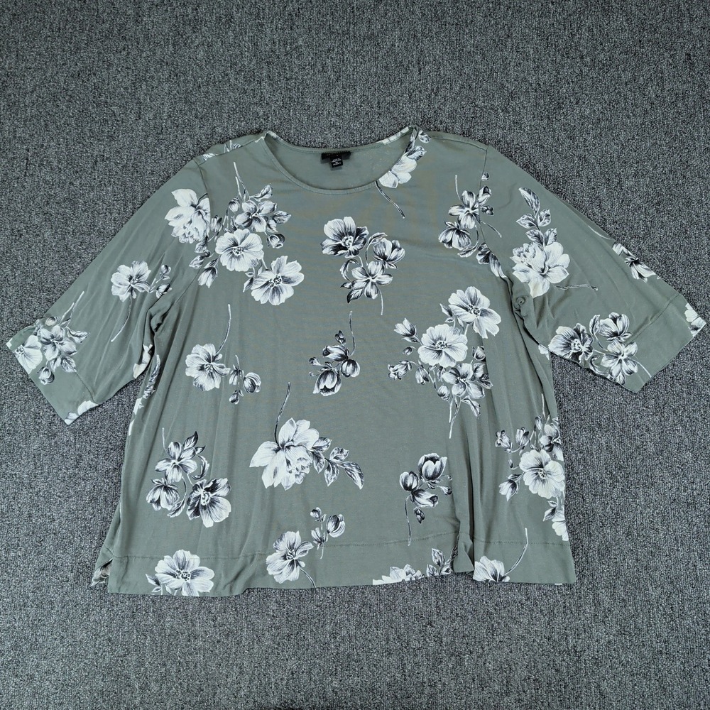 J. Jill Floral Wearever Top Womens 2X Sage Green 3/4 Sleeve Knit Blouse Rayon